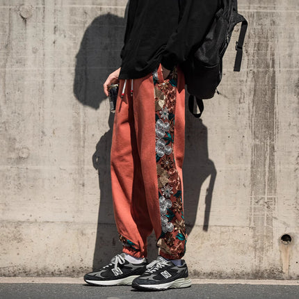 2025 Autumn and Winter New Loose Men's Japanese Retro Trendy Large Size Embroidered Color-Blocking Casual Pants Factory Direct Supply