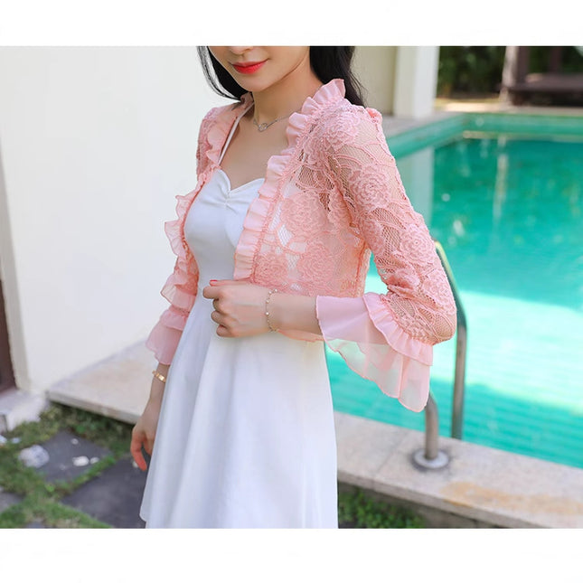 Matching Beach Dress Small Shawl Jacket Short Summer Trumpet Sleeve Thin Chiffon Stitching Lace Fairy Small Cardigan