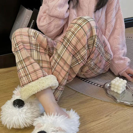 [Add fertilizer to increase] winter fleece-lined thick lambswool plat pants women's high waist warm casual pants