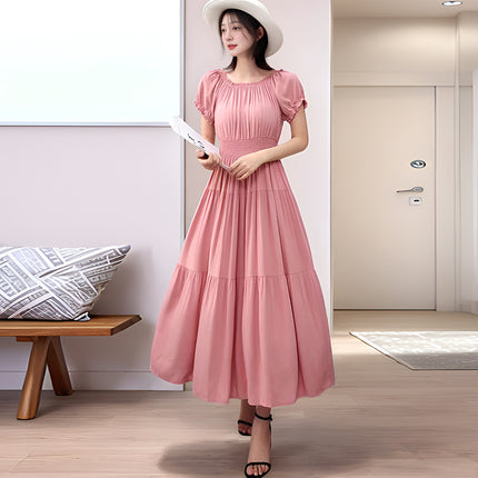 Cross-border cotton silk clear color off-shoulder dress Southeast Asian elastic waist beach skirt Bohemian long skirt