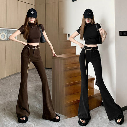 Trendy fashionable all-match high waist slimming chain flared pants cross-border women's autumn new casual mopping horseshoe pants