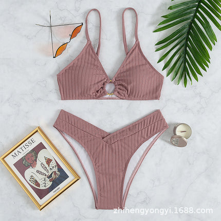 New foreign trade bikini swimsuit Europe and America sexy bikini solid color V pants Amazon cross-border swimwear wholesale