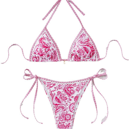 2025 New Bikini Cross-Border European and American Foreign Trade Printed Triangle Cup Pendant Sexy Bikini Swimsuit Swimwear for Women
