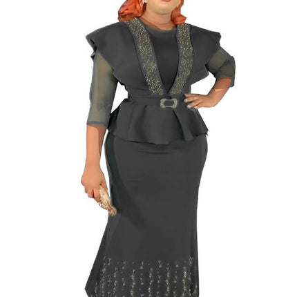 Special supply African-style waist top with long overskirt nail beads drilling solid color European and American plus size dress