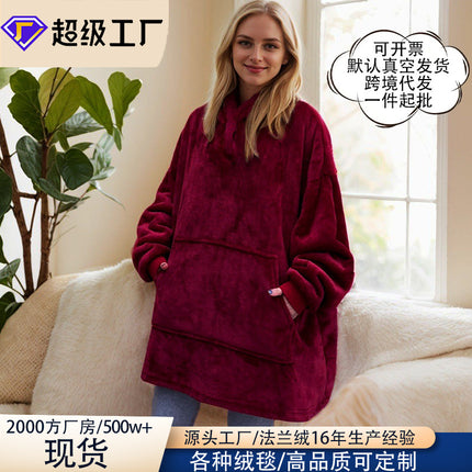 Lazy Blanket Cross-Border Christmas Pajamas Women's Nightgown Flannel Extended Length Vertical Pocket Hoodie Blanket