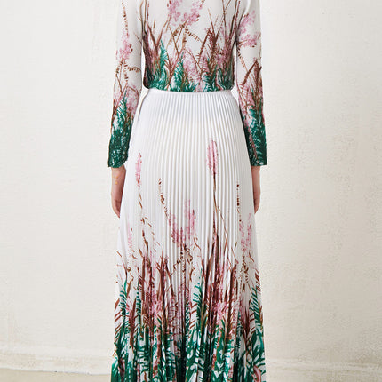 Miyake Stretch Print Long-sleeved Top suit Women's European and American Fashion High Waist Draped Skirt Two-piece Set