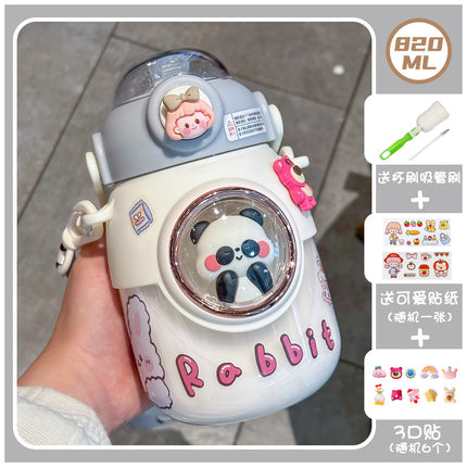 Cute Children's Plastic Cup Large Capacity Straw Water Cup High Color Value Women's Big Belly Water Cup Special Cup for Students