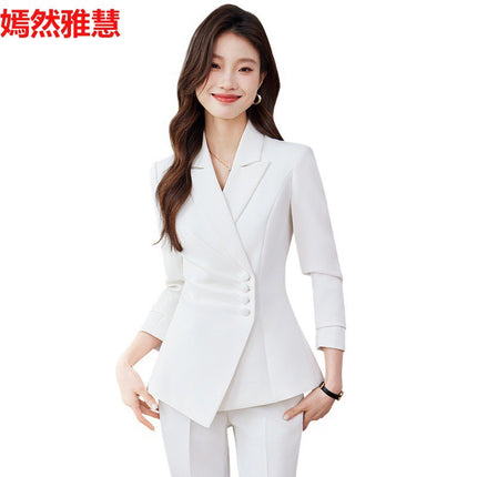 2025 Spring European and American Foreign Trade Green Slim Fit Small Suit Set Front Desk White Collar Workwear Wide-Leg Pants Suit Set