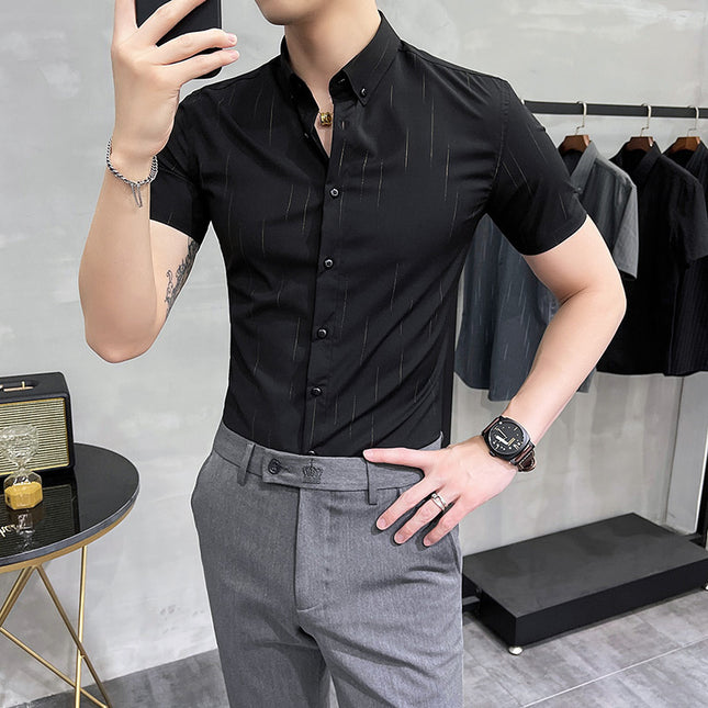 Foreign trade wholesale new men's meteor shower printing short sleeve shirt slim fashion British business casual shirt