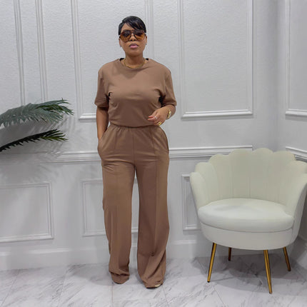 Tw658 Amazon Cross-Mirror European and American Fashion Casual Suit Elegant Commuter Short-Sleeved Top Wide-Leg Two-Piece Set