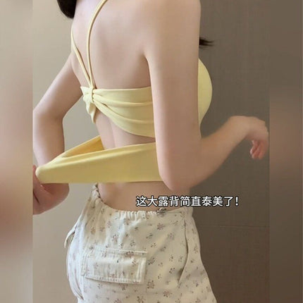 Wearing Yellow Hollow-out Dew Strap Chest Pad Small Camisole Vest Women's Autumn 2025 Seaside Beautiful Back Bra Figure