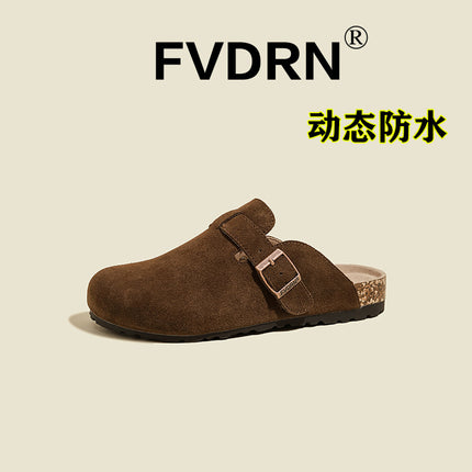 Dynamic Waterproof Toe-Cap Half Slippers for Women, Cowhide Retro Mule Shoes, Flats Casual Genuine Leather Ugly Birkenstock Shoes