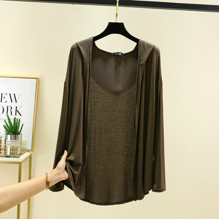 Modal Hooded Cardigan Women's Summer 2025 Thin Long-sleeved Air-conditioning Shirt Loose Sun-protective Clothing Solid Color Top Jacket