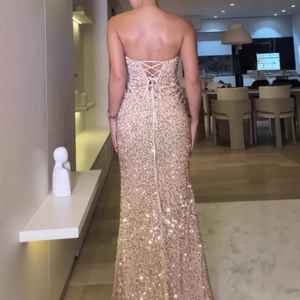 2025 spring cross-border foreign trade new magic color beads back twine bra side split tube fish bone evening dress