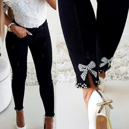 Cross-border direct manufacturers slim European and American jeans butterfly sticky flower nail beads split feet slim pencil pants