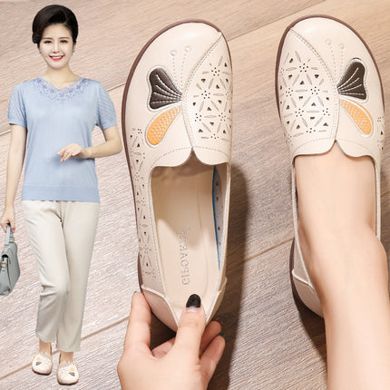 Mom's Shoes for Women, Comfortable, Breathable, Non-Slip, Hollow-Out Shoes for Middle-Aged and Elderly Women, Summer Sandals, Soft-Soled Leather Shoes