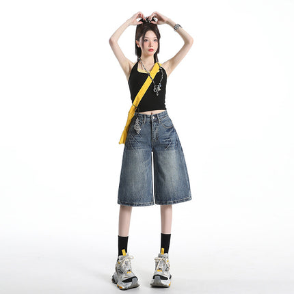 Raccoon House # American Retro Design Niche Lightning Denim Shorts Women's High-Waisted Loose Straight Wide-Leg Cropped Pants
