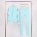 Glazed blue hooded jacket bell-bottom pants suit / 10/XXL