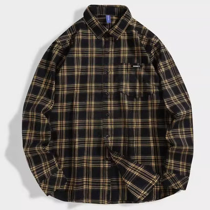 2023 Spring and Autumn New brushed Japanese Plaid lapel shirt men's long sleeve loose men's retro shirt coat men