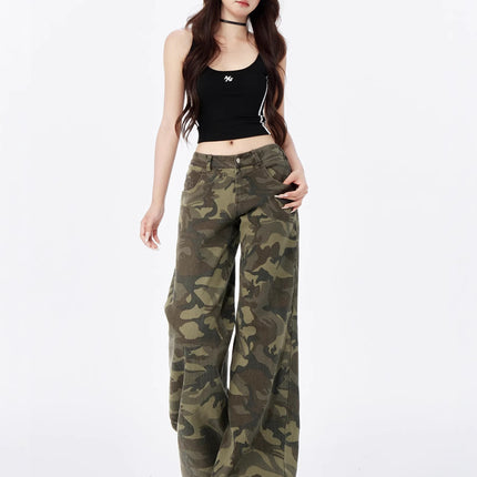 American High Street Military Green Camouflage Work Jeans Women's Straight Loose Retro Slightly Flared High Waist Casual Wide Leg Pants