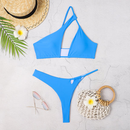 2023 One-Shoulder Swimsuit Women's Bikini Two-Piece Swimsuit Solid Color Split-Style Women's Wireless Split-Style Sporty Model