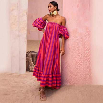 European and American New Amazon AliExpress Striped Detachable Bubble Sleeve Large Skirt Vacation Women's dress 25290