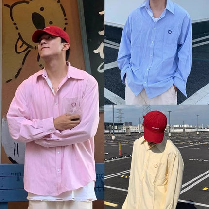 Casual Fashion Striped Shirt Unisex Embroidered Smiley Face Loose Long-Sleeve Jacket Top Shirt