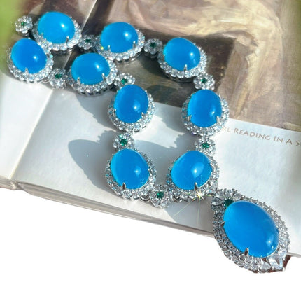 Chinese Style Retro Natural Blue Chalcedony Necklace Evening Chain Ice Chalcedony Necklace Luxury Inlaid Green Chalcedony Four-Piece Set