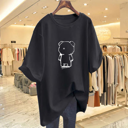 White Long Bear Printed T-shirt Women's Summer 2025 New European plus size Loose Butt Covering Long T-shirt
