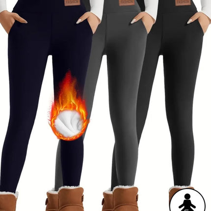 Cross-Border Women's High Waist Warm Fleece-Lined Leggings - Super Soft Stretch Yoga Pants Pocket Casual Pants