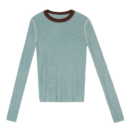 Highly Recommended Green Pullover Knit Sweater for Women in Autumn, Color-Blocking Slim-Fit Sweater for Layering and Commuting