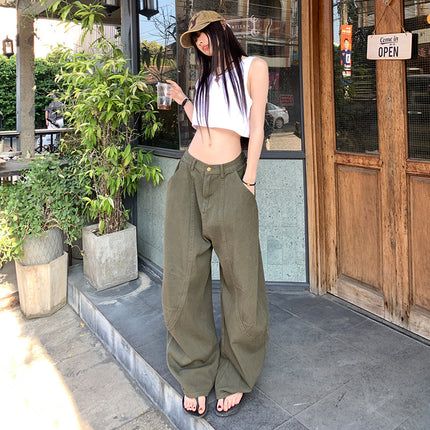 American Olive Green Scimitar Wide-Leg Jeans for Women 2025 Spring and Summer New High-Waisted Loose Slimming Look Straight Banana Pants