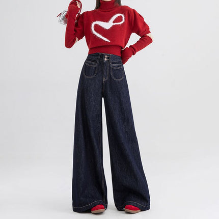 American-style Tannin Blue Wide Leg Jeans Women's 2024 Autumn and Winter New American-style All-match High Waist Loose Mop Pants