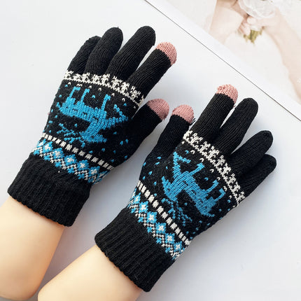 Women's Winter Gloves, Cute, Thickeneded, Cold-Proof, Student Warm Knitted Wool, Cartoon Deer, Five-Finger Touch Screen, Windproof and Split-Fingered