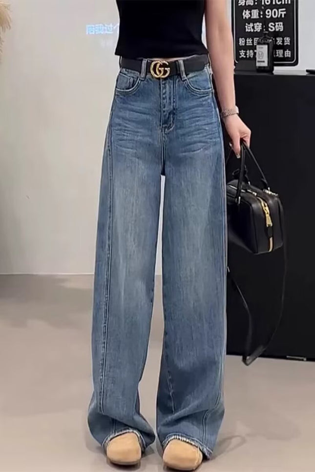 Women's 2025 Autumn New High-Waisted Loose Wide-Leg Jeans, Hip-Covering, Slimming, Versatile Straight-Leg Floor-Length Pants