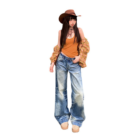 Vintage Washed Gradient Wide-Leg Jeans for Women 2025 Autumn New High-Waisted Loose Slimming Straight-Leg Floor-Length Pants