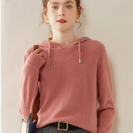 Light Luxury Solid Color 100% Pure Cashmere Hoodie for Women, Versatile for Commuting, Loose Knit Base Hoodie, Loose Fit