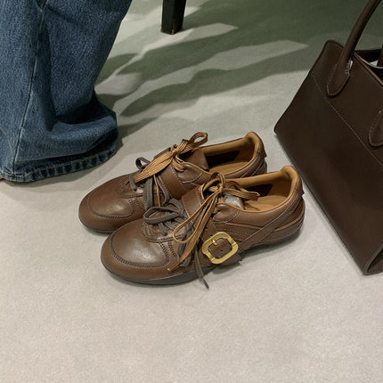 Vintage Double Strap Leather Buckle Sheepskin Round-Toe Versatile Casual German Training Shoes for Women Small Leather Shoes