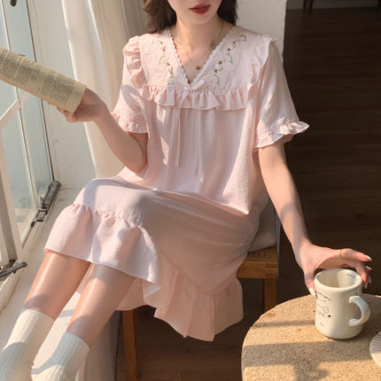 Oh Mi Da Summer New Sweet Court Princess Wind Clouds Cotton Mid-length Women's Short-sleeved dress Home Clothes