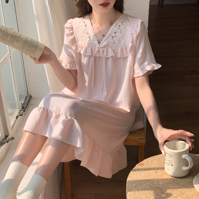 Oh Mi Da Summer New Sweet Court Princess Wind Clouds Cotton Mid-length Women's Short-sleeved dress Home Clothes