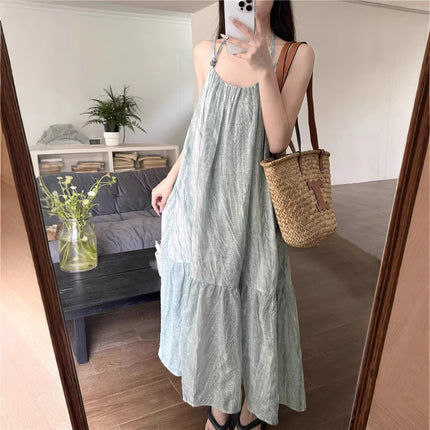 Mint Green Fresh Sling dress Women's Summer 2025 New Loose Slimming Vacation Style Seaside Midi Dress