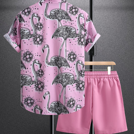 Men's Short-sleeved Shirt Shorts suit Powder Flamingo Foreign Trade Men's Casual Fashion Summer Summer 2025 New Arrival