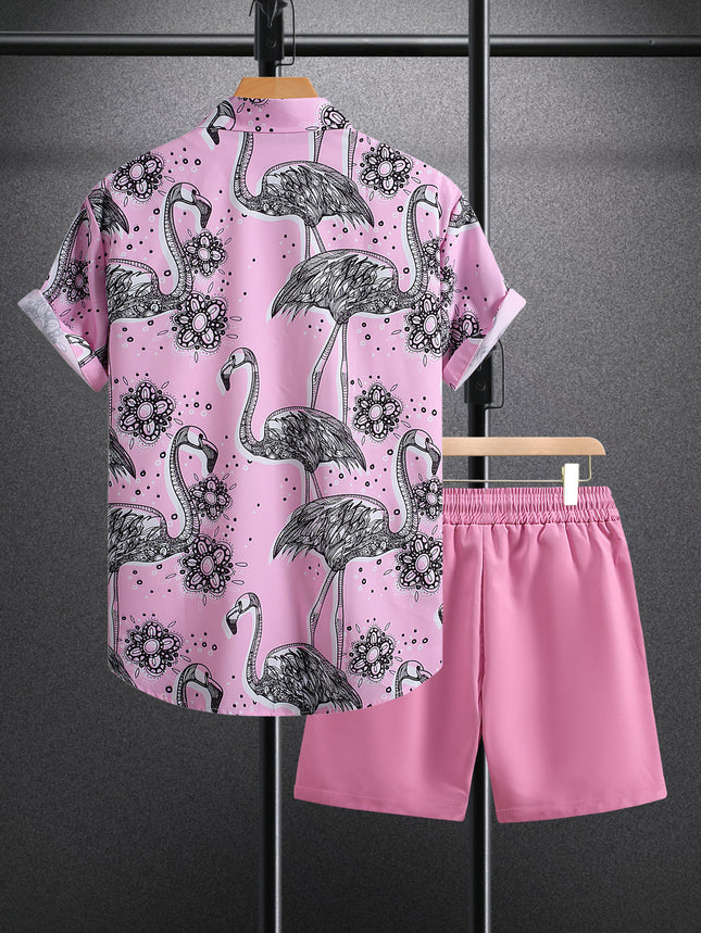 Men's Short-sleeved Shirt Shorts suit Powder Flamingo Foreign Trade Men's Casual Fashion Summer Summer 2025 New Arrival