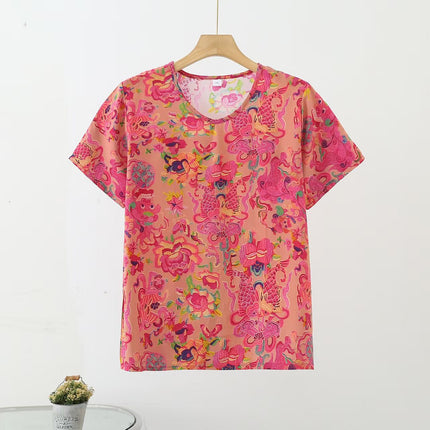 Retro Style Cotton Short-sleeved Women's Middle-aged and Elderly Mother's Vest Printed Outer Wear Base-layer Shirt All-match Artificial Cotton Top