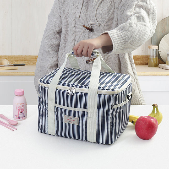 Vertical Stripesd Thermal Insulation Picnic Bag Outdoor Travel Camping Style Satchel Storage Bag Thickeneded Large Capacity Waterproof and Stain-Resistant