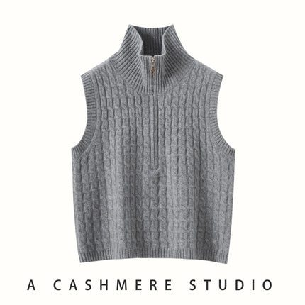 Full-Body Cable Knit Solid Color Women's Cashmere Knitted Vest Half-Open High-Neck Sleeveless Sweater Outerwear Layered Waistcoat