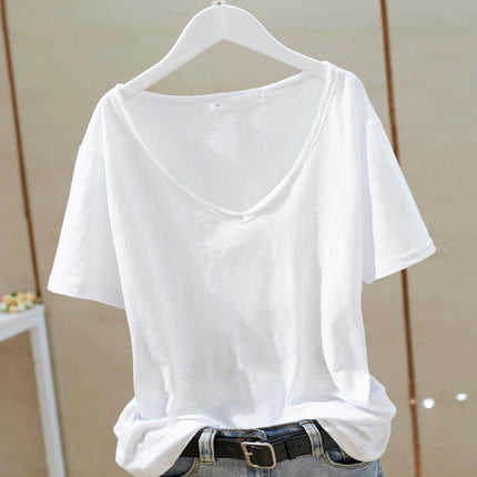 Bamboo White Right Shoulder Letter V-Neck Women's Short Sleeve T-Shirt 2025 Summer New Loose Slim Fit Versatile T-Shirt