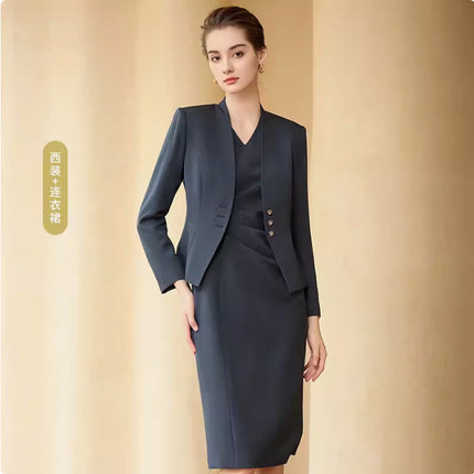Fashionable Spring and Autumn new women's suit formal wear belly-covering slimming V-neck fashionable mid-length dress suit