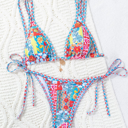 2024 New Bikini Cross-border European and American Foreign Trade Printed Triangle Cup Lace-up Sexy Bikini Swimsuit Swimwear Women