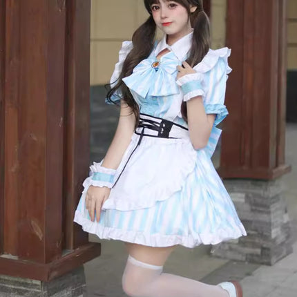 Cross-Border New Product Japanese Style Autumn Leaf Sweet Stripesd Maid Outfit Cosplay Lolita Plus Size Maid